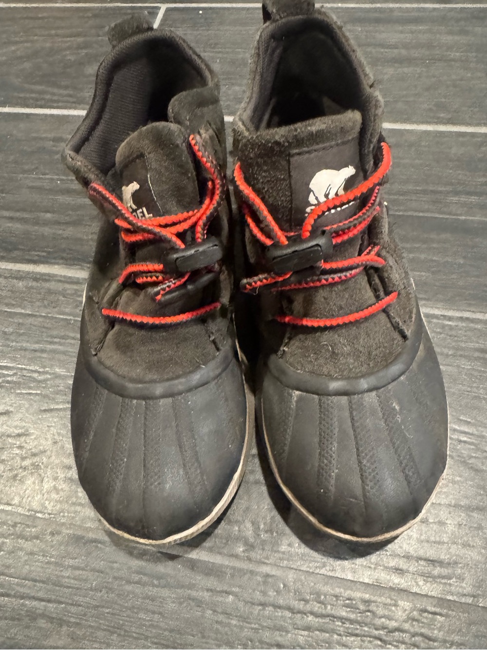 Sorel Black/Dark Gray Kids Boots with Red Laces